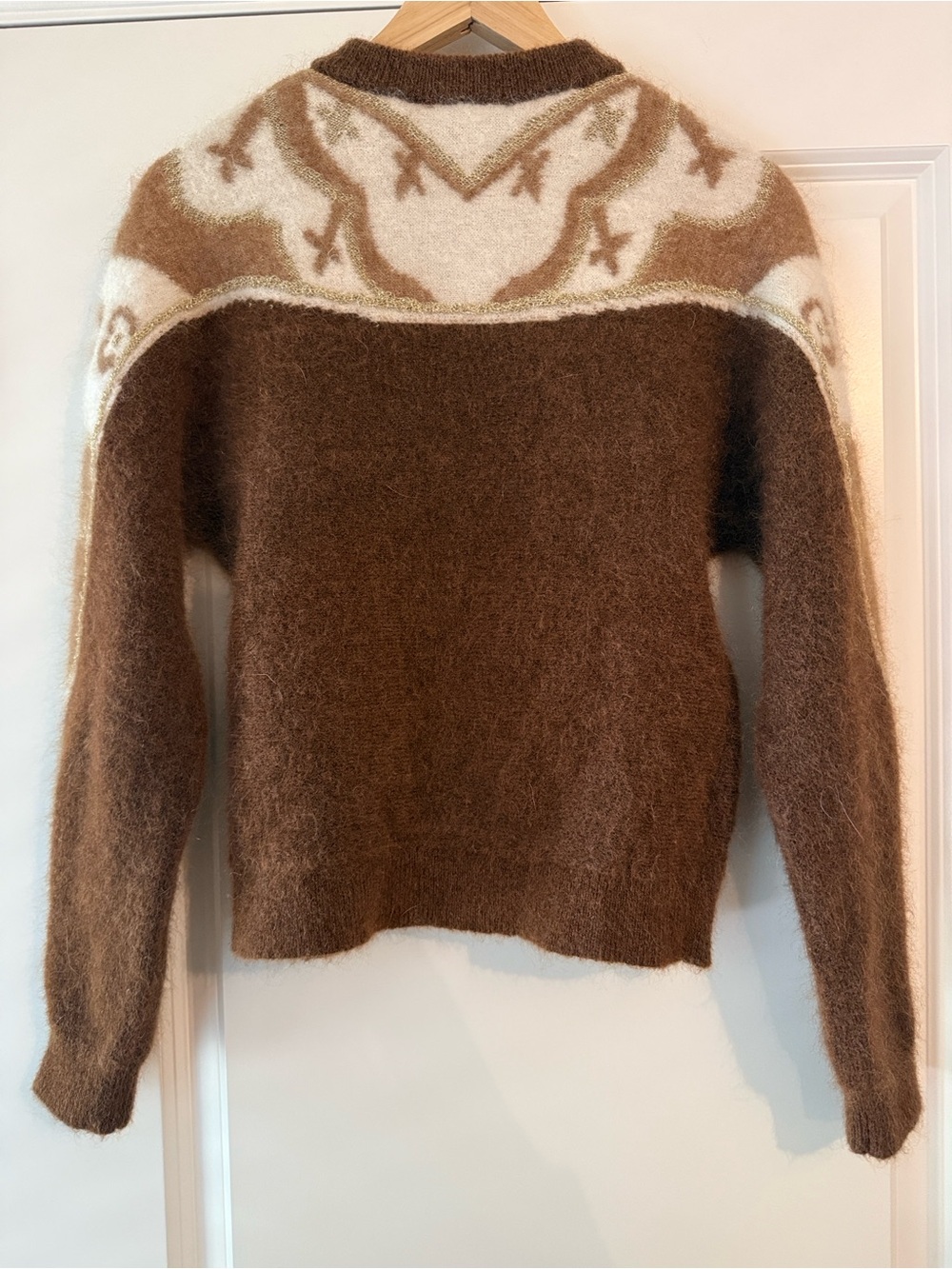 Sezane Brown and Cream Patterned Mohair Wool Blend Cardigan with Gold Metallic S - Picture 11 of 15